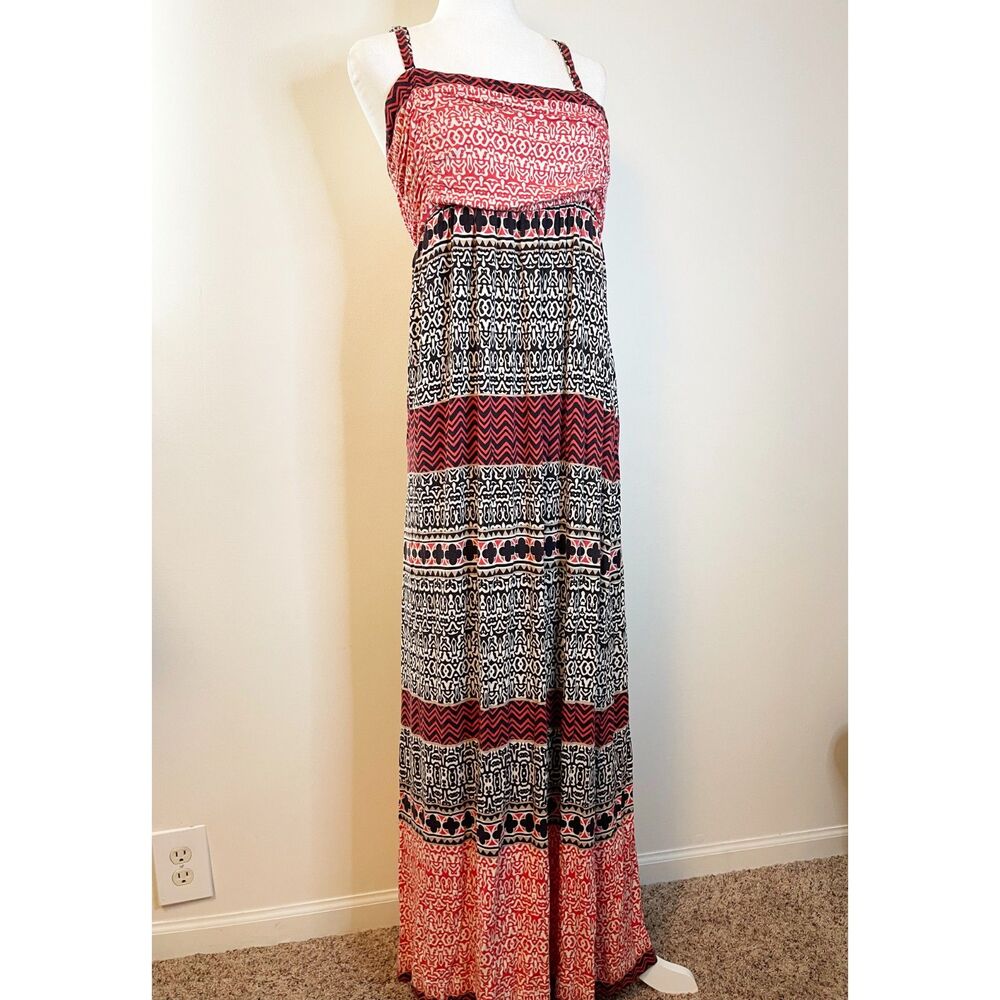 Soma Maxi Bra Dress XL Red Black Boho Tribal Print Spaghetti Strap Flowy Pockets